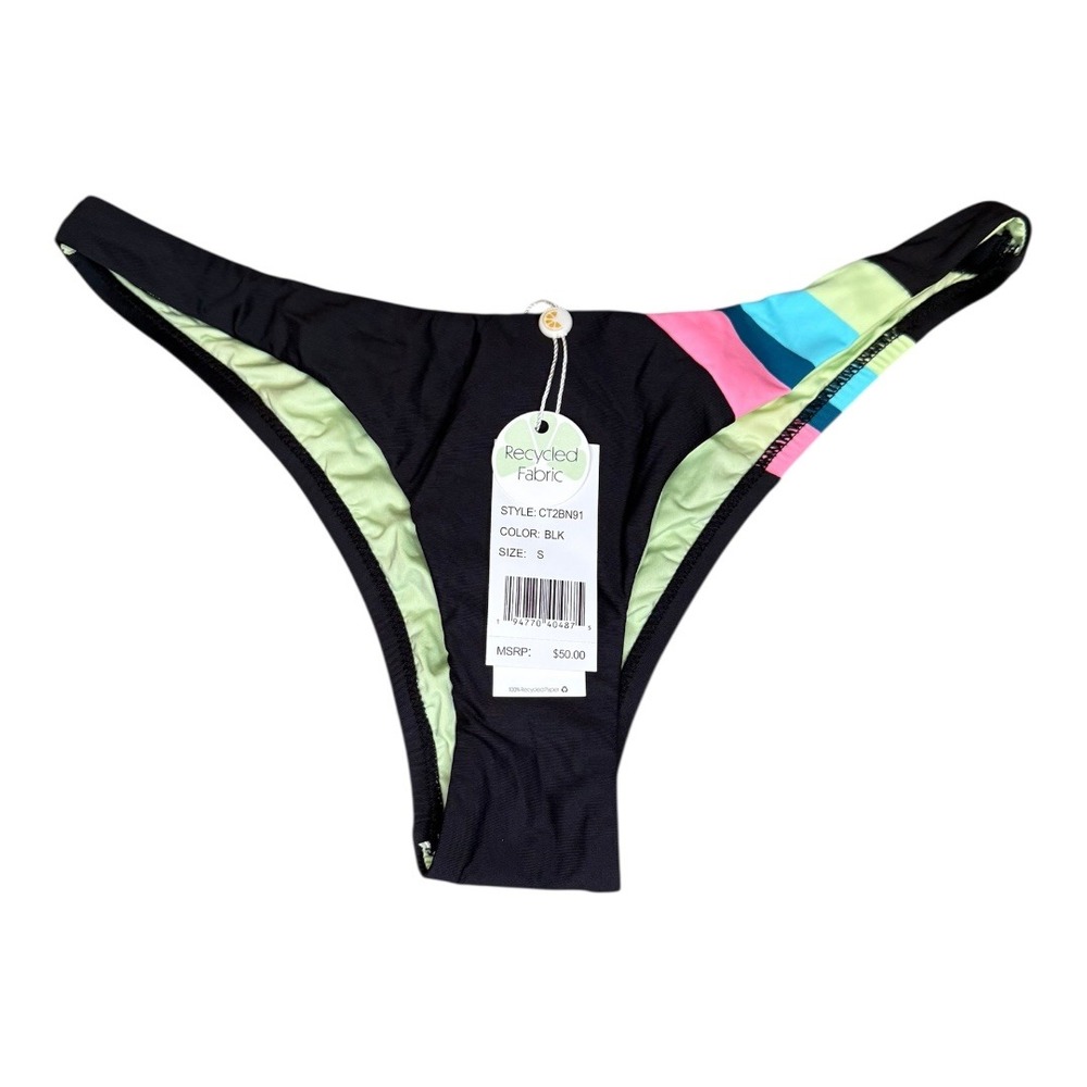 Citrus Black Bikini Bottoms Cheeky Striped Recycled Fabric‎ Swimsuit S